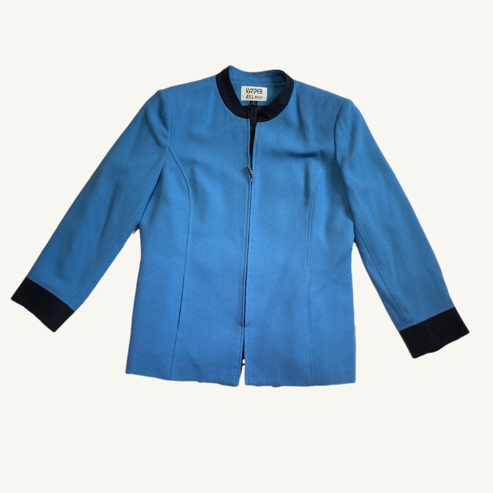 Kasper Vintage Jacket Blue & Grey Sleeve Detail Zip Up Size 14 Petite